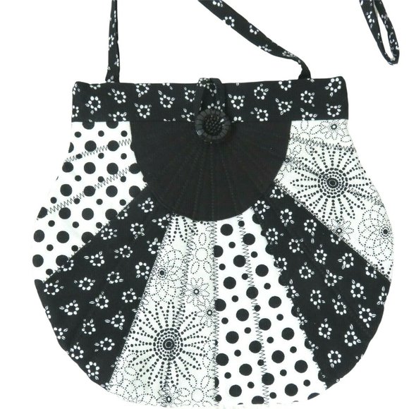 Handmade Quilted Patchwork Shoulder Bag Purse Black White Floral Button Closure - Picture 3 of 8